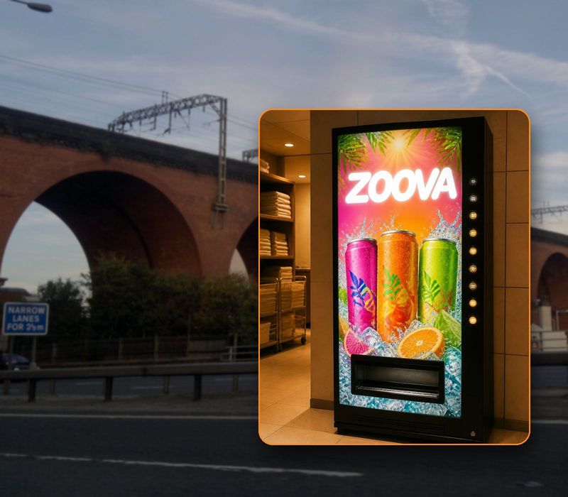 Can vending machine with Stockport Viaduct in the background
