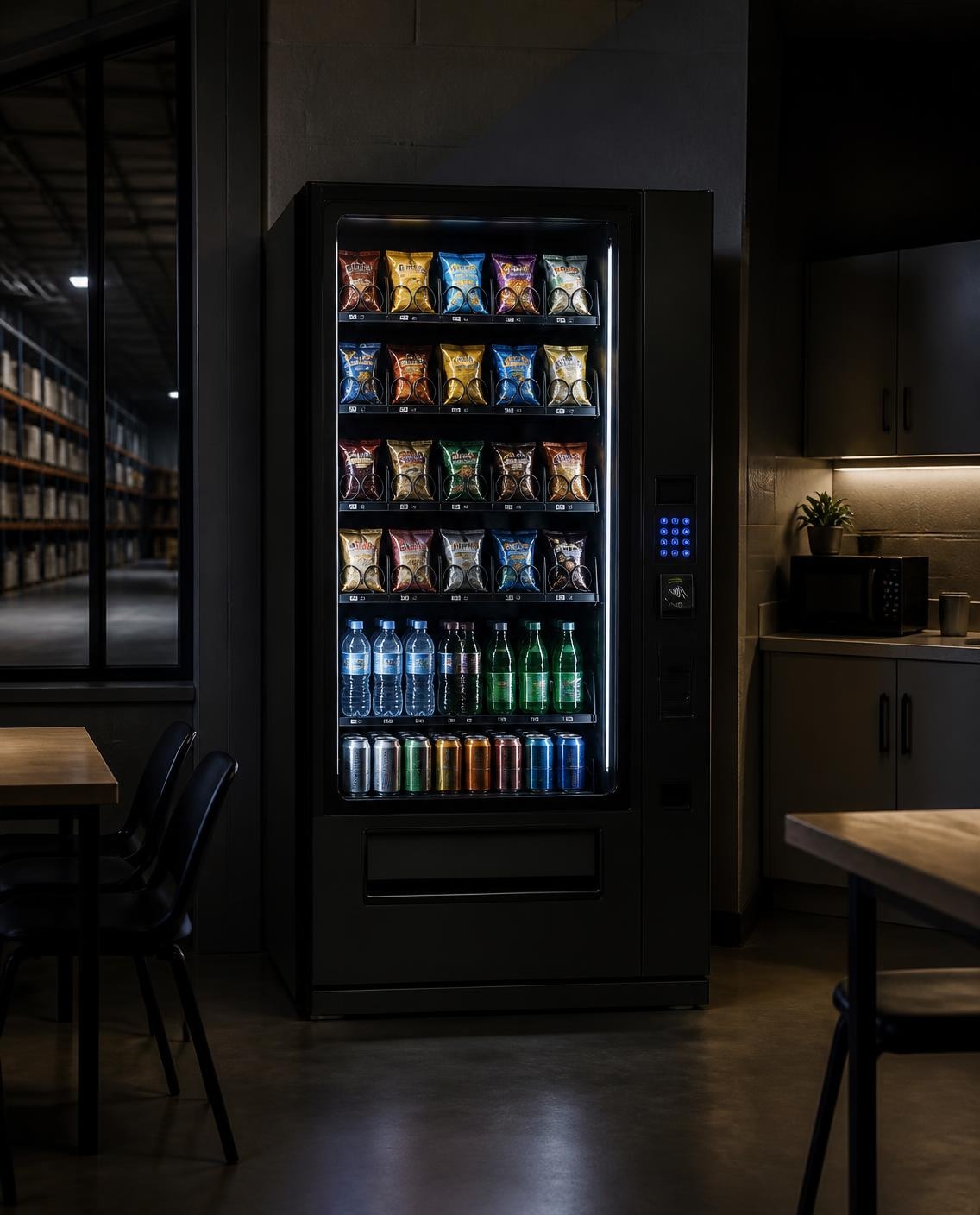 Combination vending machine with snacks above and chilled drinks below