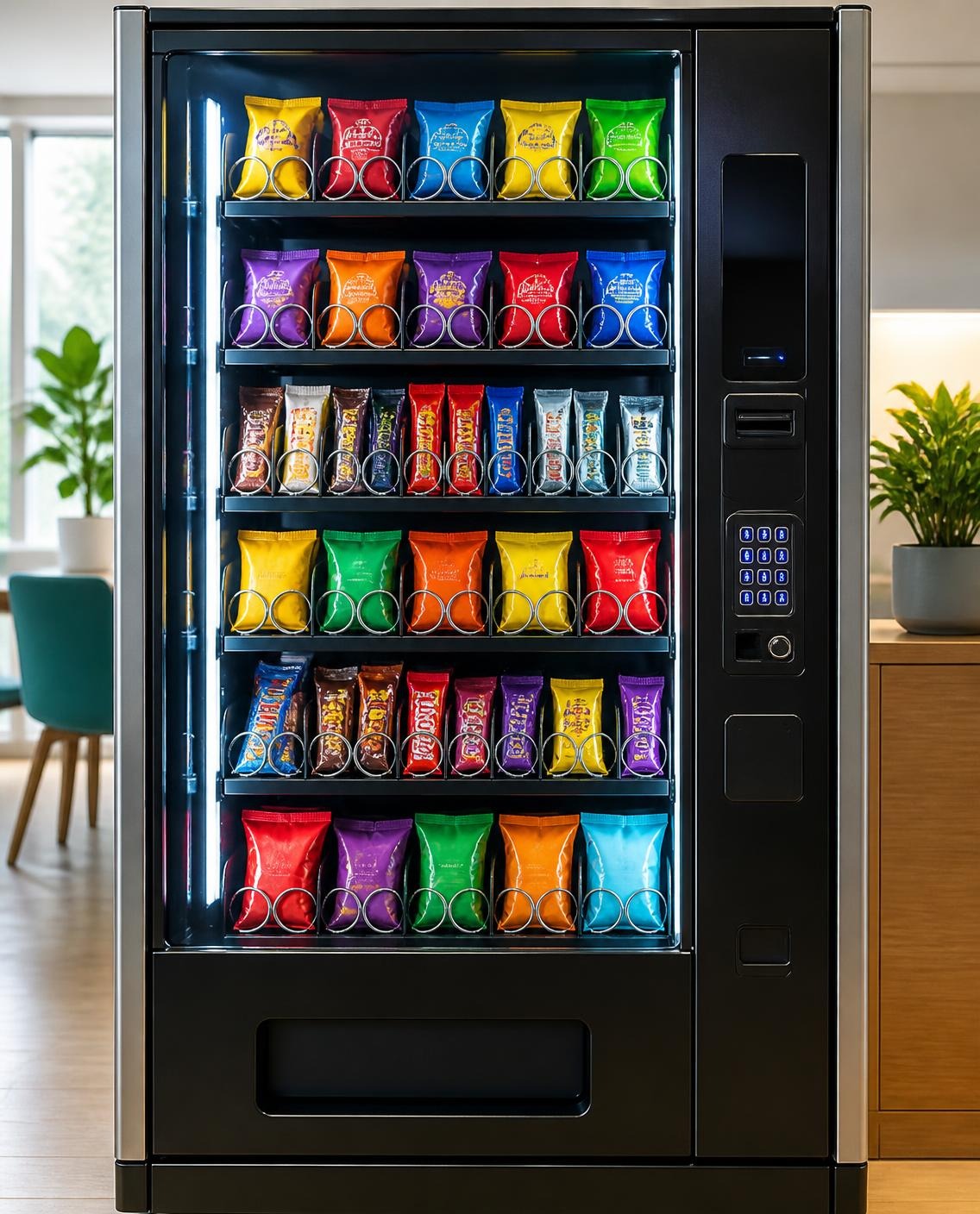 Glass-front snack vending machine with rows of colourful snack packets and bars behind the glass