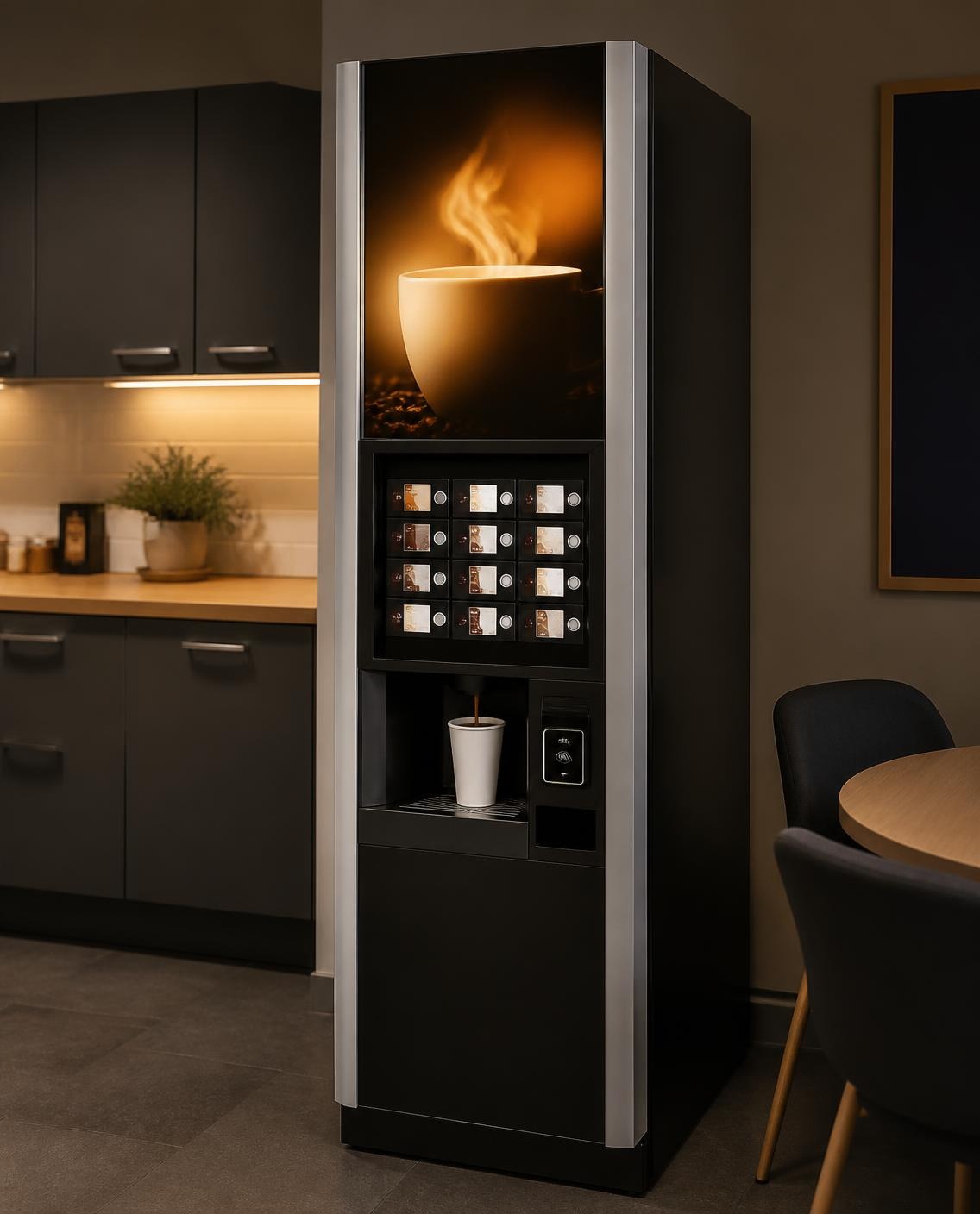 Freestanding hot drinks vending machine filling a paper cup