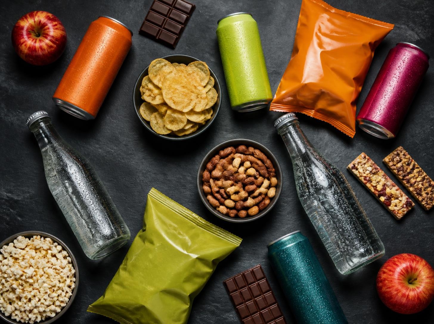 A colourful spread of chilled bottles and cans, crisps, chocolate, cereal bars, nuts and apples on dark slate