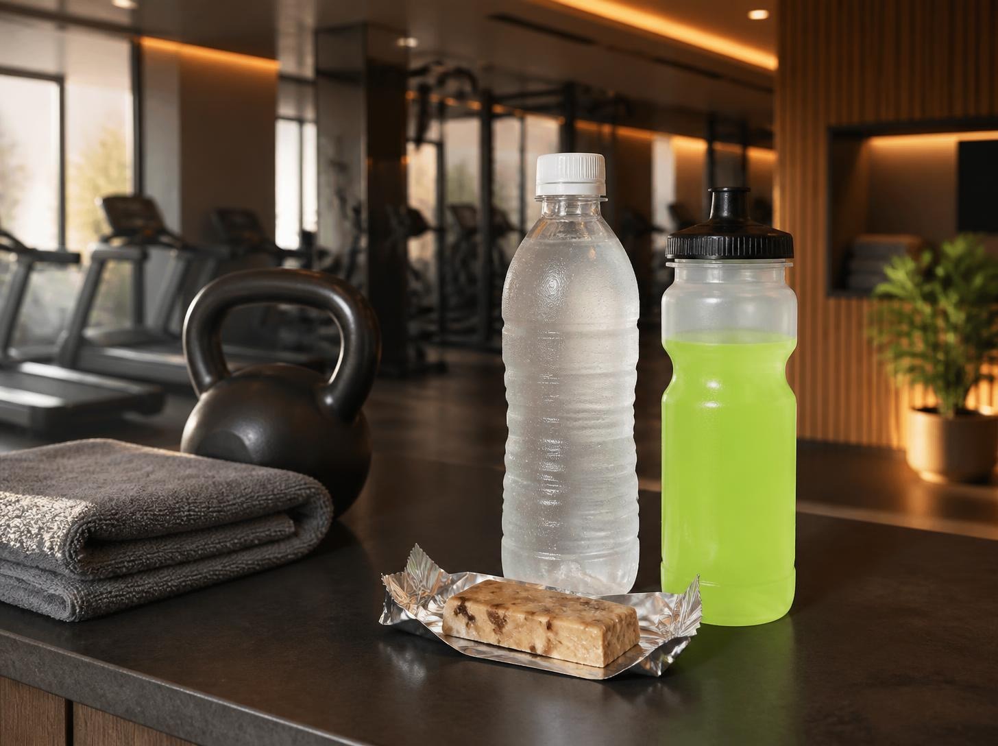 Chilled bottled water, a lime sports drink and a protein bar on a gym reception counter beside a towel and kettlebell