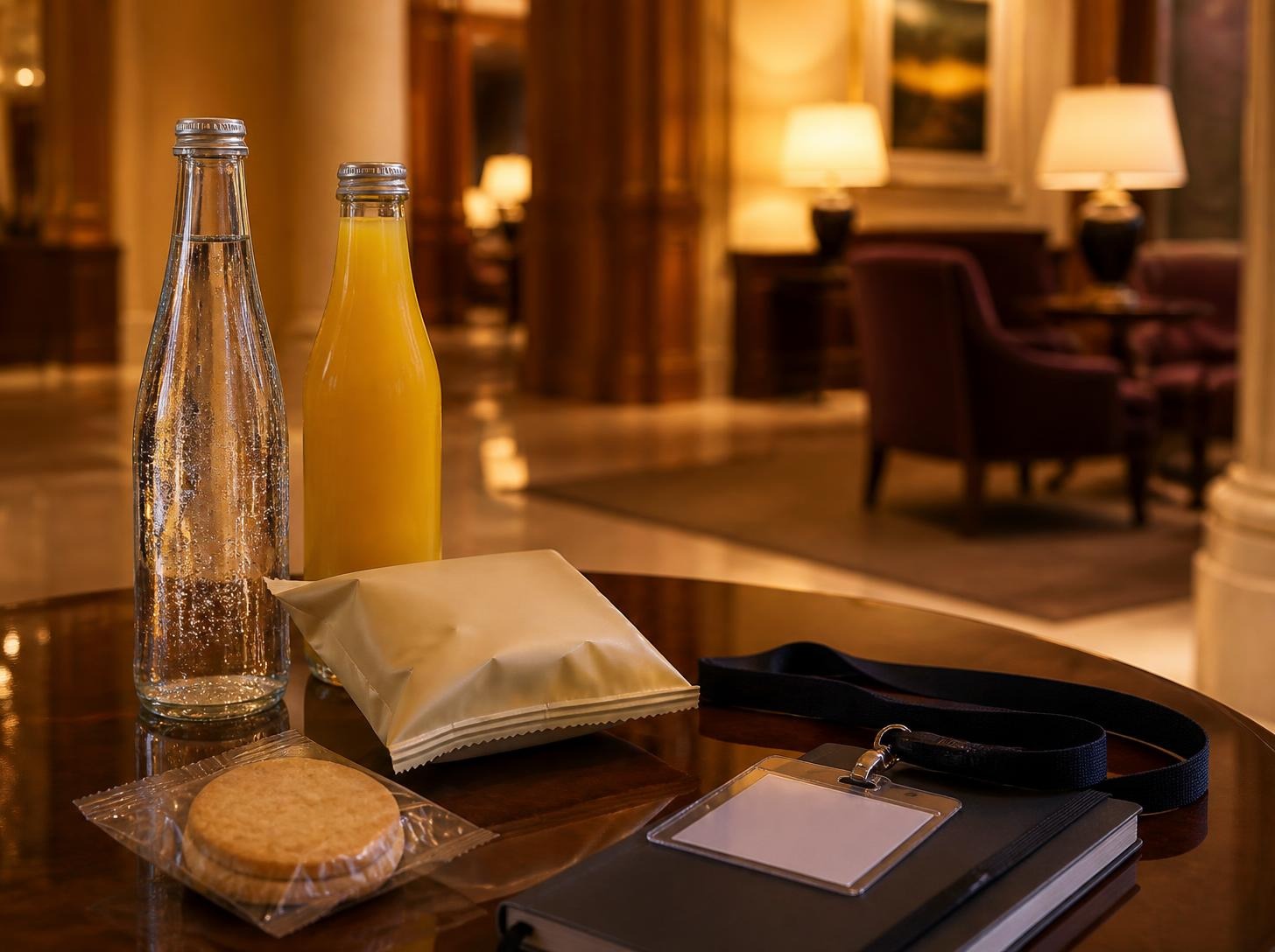 Sparkling water, orange juice, crisps and a shortbread biscuit on a polished table in a warmly lit hotel foyer