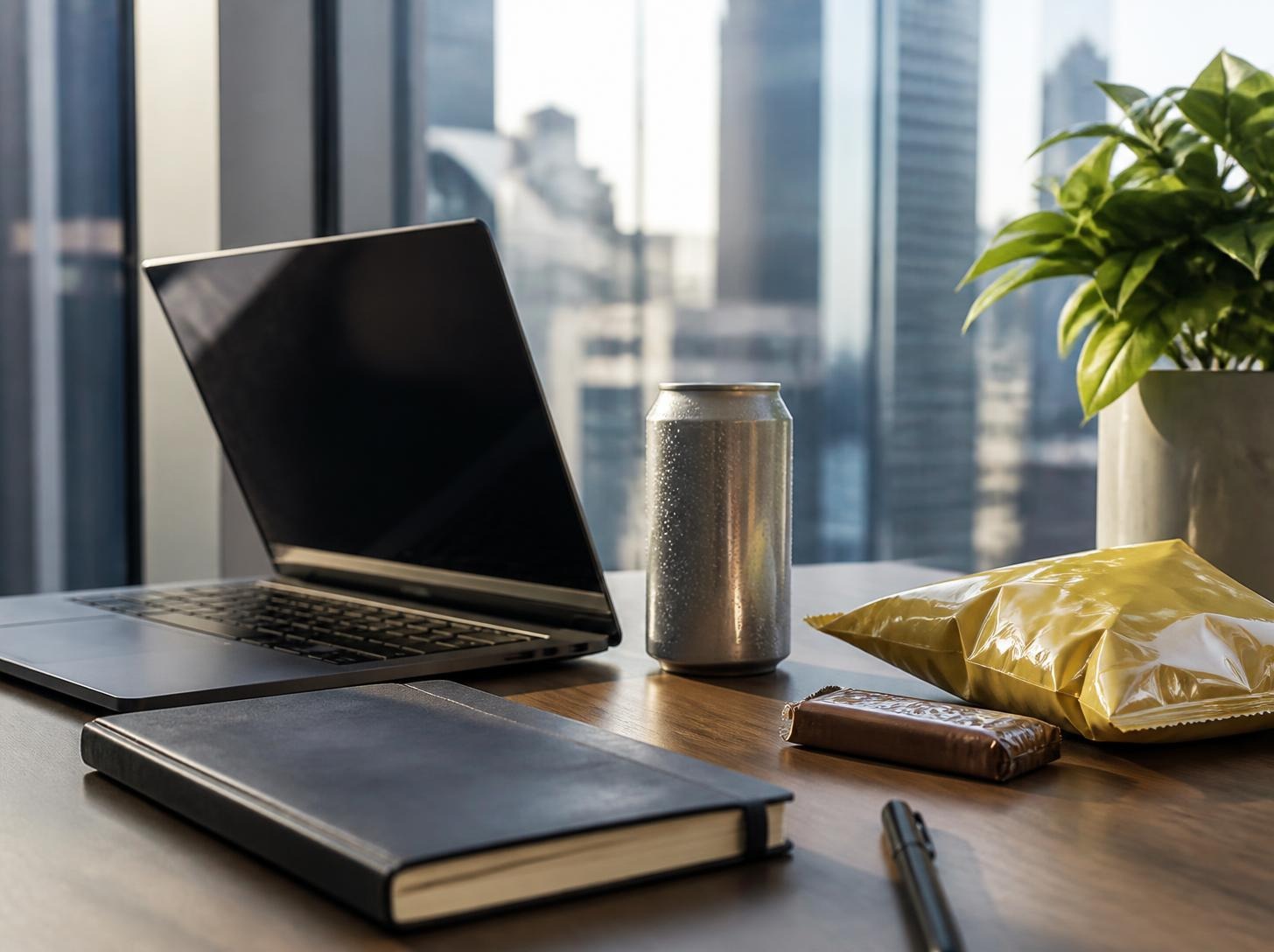 A cold can, a bag of crisps and a chocolate bar on a city-centre office desk beside a laptop and notebook