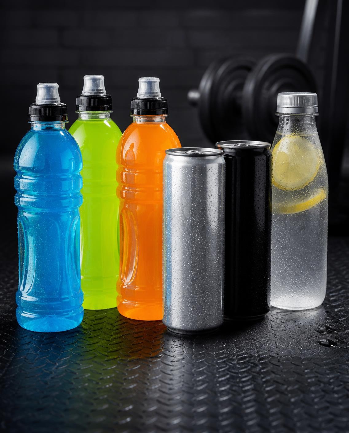 Bright sports drinks in push-cap bottles beside slim zero-sugar cans and a lemon-infused water
